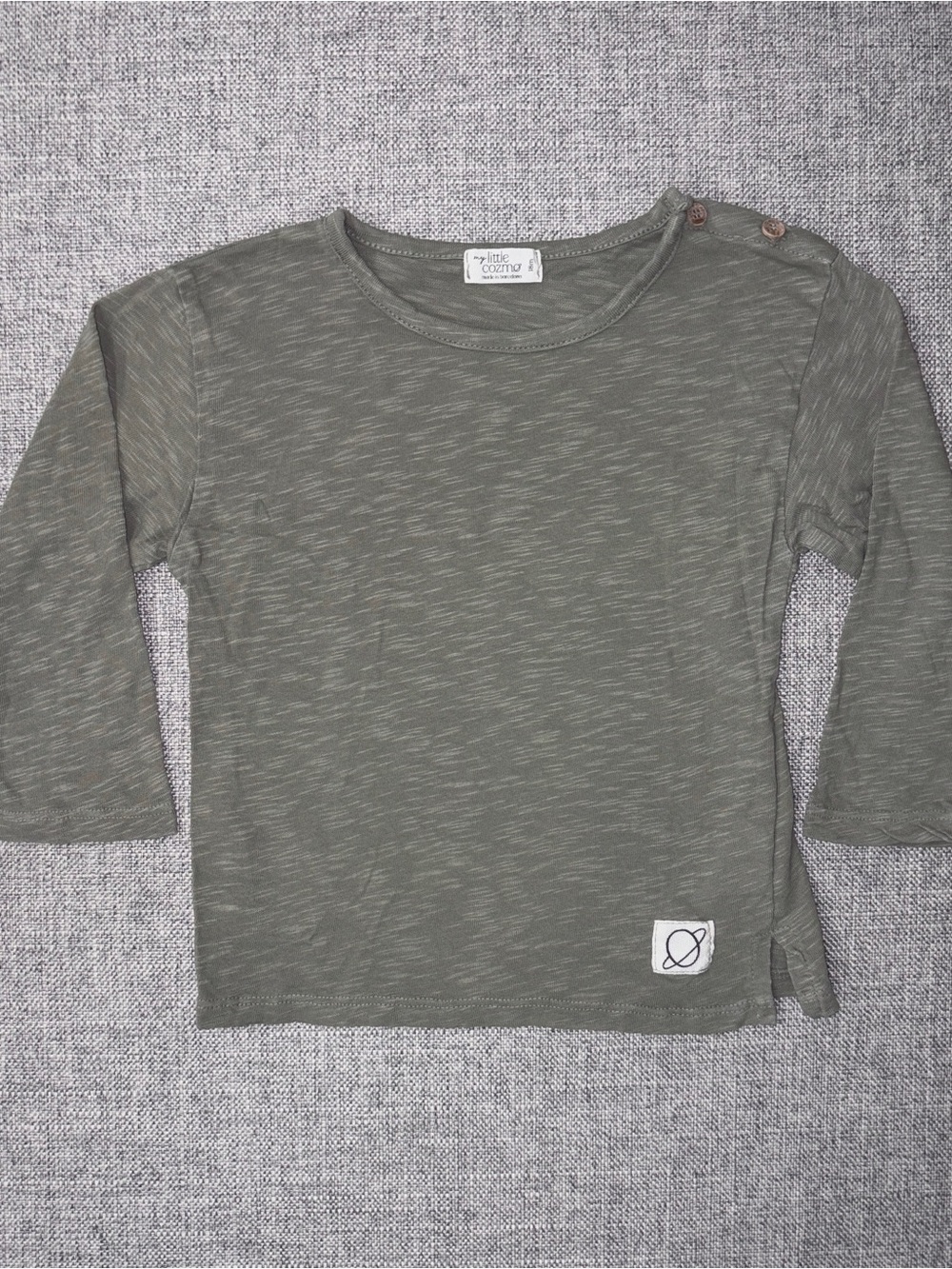 My Little Cozmo 18m Olive Long-Sleeve Kids Shirt with Shoulder Buttons